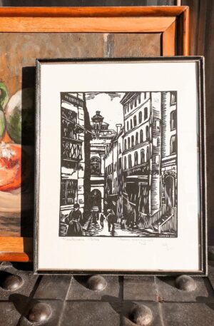 Gravure sur bois Original par Barbara Biss représentant une ruelle